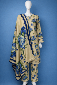 Azure Blossom Linen 3-Piece Suit – Beige Floral Printed Kurta with Laser-Cut Lace Border