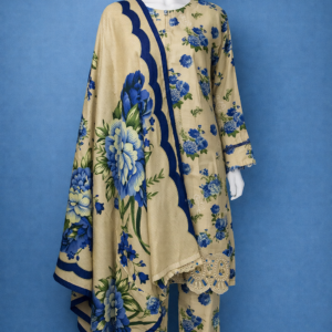 Azure Blossom Linen 3-Piece Suit – Beige Floral Printed Kurta with Laser-Cut Lace Border