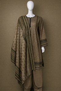 Classic Earthy Olive Khaddar 3-Piece Suit – Printed Kurta with Geometric Bordered Dupatta
