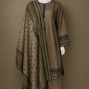 Classic Earthy Olive Khaddar 3-Piece Suit – Printed Kurta with Geometric Bordered Dupatta