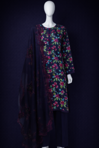 Midnight Blue Floral Khaddar 3-Piece Suit – Digitally Printed Kurta with Embroidered Dupatta