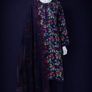 Midnight Blue Floral Khaddar 3-Piece Suit – Digitally Printed Kurta with Embroidered Dupatta