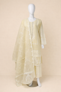 Elegant Embroidered 3 Piece Cotton Net Suit – Ivory & Grey