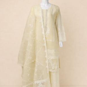Elegant Embroidered 3 Piece Cotton Net Suit – Ivory & Grey