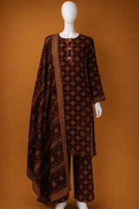 Premium Linen 3-Piece Suit – Traditional Ajrak Print in Classic Black & Deep Maroon