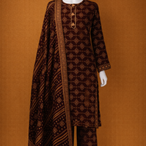 Premium Linen 3-Piece Suit – Traditional Ajrak Print in Classic Black & Deep Maroon