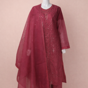 Luxury Embroidered 3 Piece Cotton Net Suit – Pink