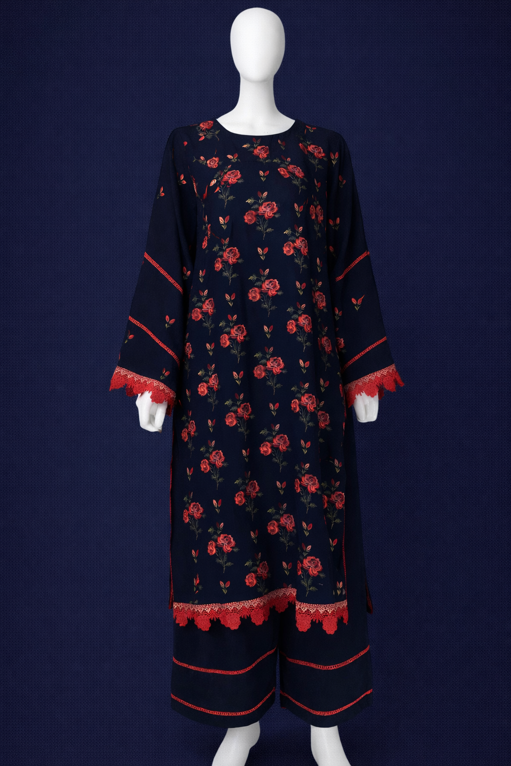Navy blue floral viscose kurti and palazzo set with red lace