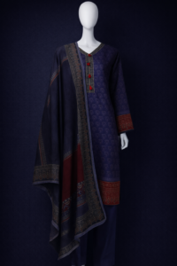 Elegant Navy Blue Khaddar 3-Piece Suit – Printed Kurta with Tassel Detail & Rust Borders