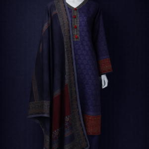 Elegant Navy Blue Khaddar 3-Piece Suit – Printed Kurta with Tassel Detail & Rust Borders