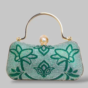 Luxury Crystal Floral Clutch with Pearl Clasp & Metal Handle