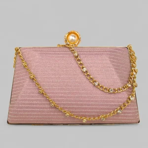Elegant Textured Box Clutch with Pearl Clasp & Chain Strap (Pink)