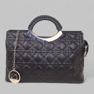 Quilted Top Handle Handbag with Metallic Ring Handle (Black / Red)