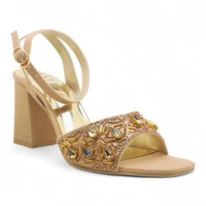 Golden Embellished Ankle Strap Block Heel