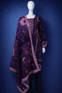 Majestic Plum Abstract Floral Khaddar 3-Piece Suit – Digitally Printed Shirt with Bold Statement Dupatta