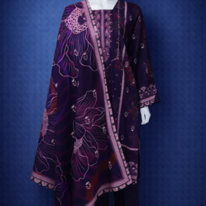 Majestic Plum Abstract Floral Khaddar 3-Piece Suit – Digitally Printed Shirt with Bold Statement Dupatta
