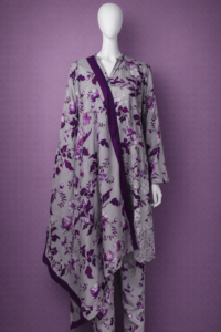 Steel Grey & Purple Floral Linen 3-Piece Suit – Printed Kurta with Embroidered Accents