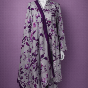 Steel Grey & Purple Floral Linen 3-Piece Suit – Printed Kurta with Embroidered Accents