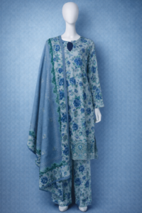 Sky Blue & Cerulean Floral Linen 3-Piece Suit – Printed Kurta with Teardrop Neckline & Lace-Style Border