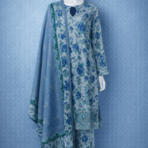 Sky Blue & Cerulean Floral Linen 3-Piece Suit – Printed Kurta with Teardrop Neckline & Lace-Style Border