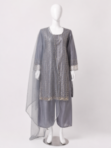 Glimmering Net 3-Piece Festive Suite – Vertical Sequin Embellished Shirt with Wide-Leg Trousers