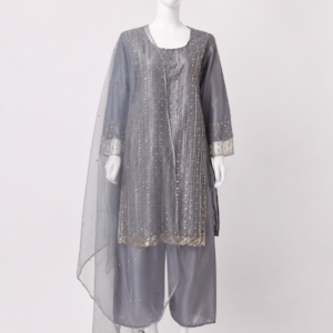 Glimmering Net 3-Piece Festive Suite – Vertical Sequin Embellished Shirt with Wide-Leg Trousers