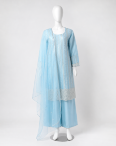 Icy Blue Net 3-Piece Formal Suit – Sequinned Vertical Panels & Heavy Embroidered Border