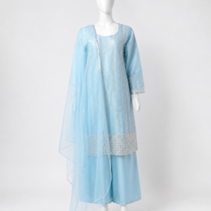 Icy Blue Net 3-Piece Formal Suit – Sequinned Vertical Panels & Heavy Embroidered Border