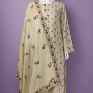 Pastel Cream Linen 3-Piece Suit – Dainty Floral Print with Purple Embroidered Dupatta