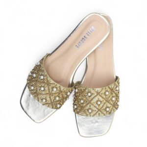 Golden Beaded & Pearl Embellished Flat Sandals